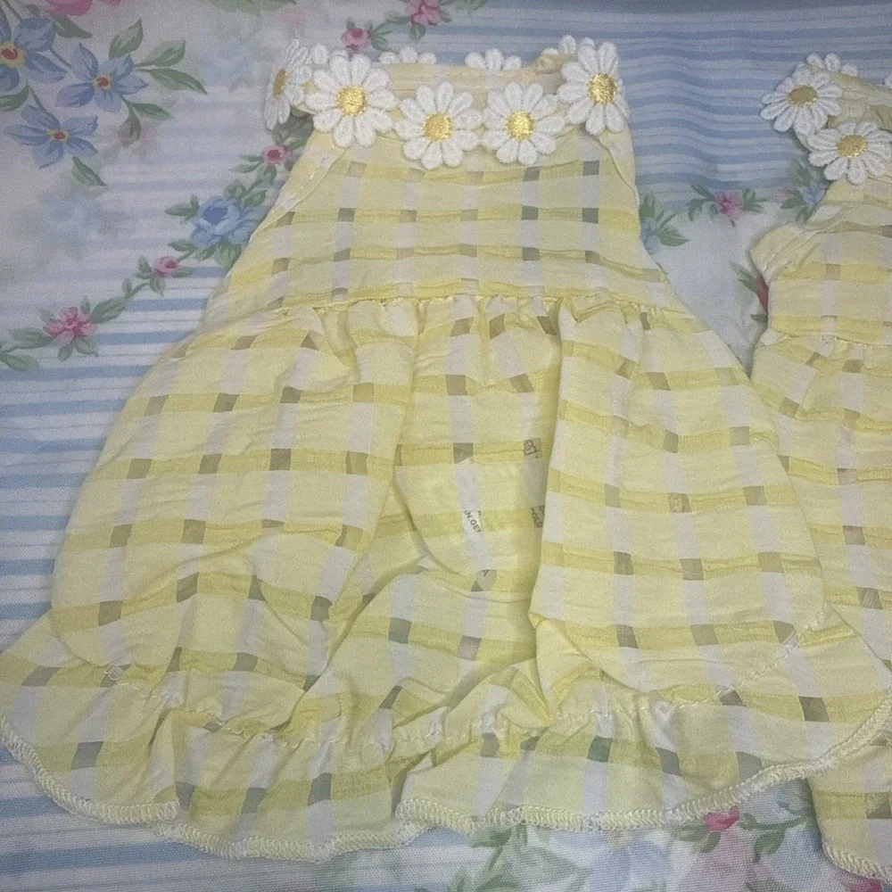 Lot of 2 Matching Yellow Gingham Kitty Cat Dresses Size XS Daisy Trim New No Tag